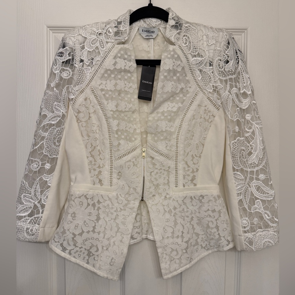 bebe White Mixed Lace Peplum Blazer Jacket | Size 4 | NWT